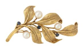 A SAPPHIRE AND CULTURED PEARL BRANCH BROOCH