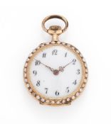 UNSIGNED, A GOLD, HALF SEED PEARL, DIAMOND AND ENAMEL KEYLESS WIND OPEN FACE FOB WATCH