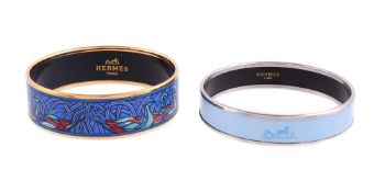 HERMES, TWO BROAD PRINTED ENAMEL BANGLES