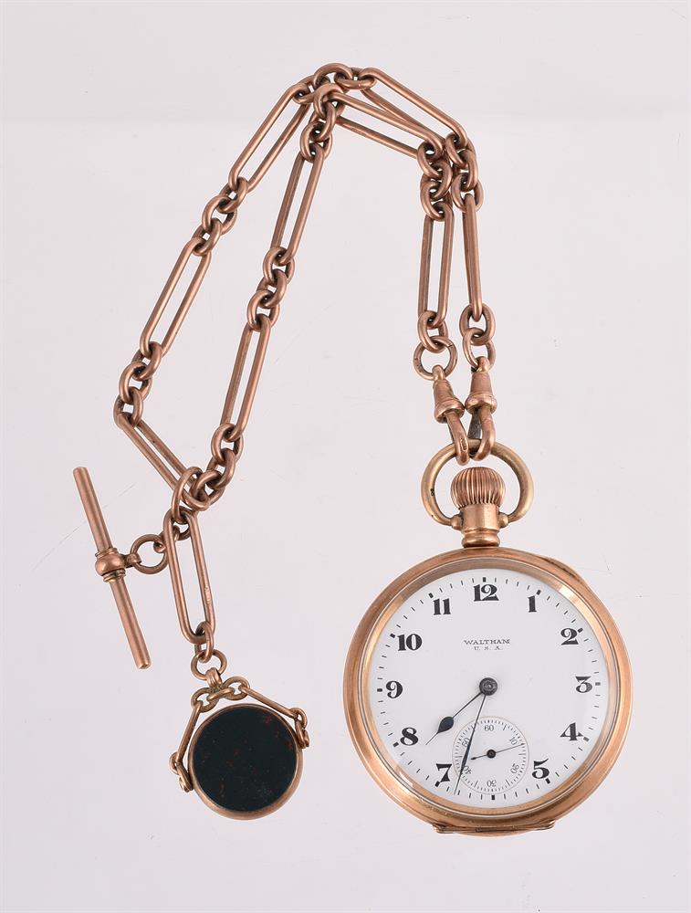 WALTHAM, U.S.A, A GOLD PLATED KEYLESS WIND OPEN FACE POCKET WATCH