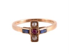A SAPPHIRE, RUBY AND HALF PEARL DRESS RING