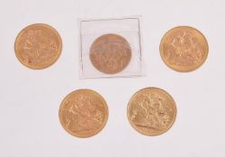 ELIZABETH II, FOUR SOVEREIGNS; AND A GEORGE IV HALF SOVEREIGN