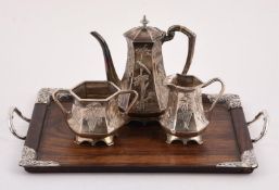 Y A CHINESE SILVER THREE PIECE HEXAGONAL BALUSTER TEA SET AND SILVER MOUNTED TRAY