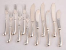 A SET OF SIX MATCHED SILVER PISTOL GRIP HANDLED FISH KNIVES AND FORKS