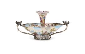 AN AUSTRIAN SILVER AND ENAMEL TWIN HANDLED SHAPED OVAL DISH