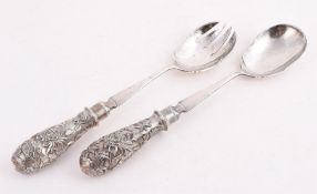 A PAIR OF CHINESE SILVER SALAD SERVERS