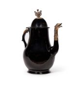 A LOW COUNTRIES SILVER MOUNTED BLACK GLAZED POTTERY BALUSTER COFFEE AND COVER, (TERRE DE NAMUR)