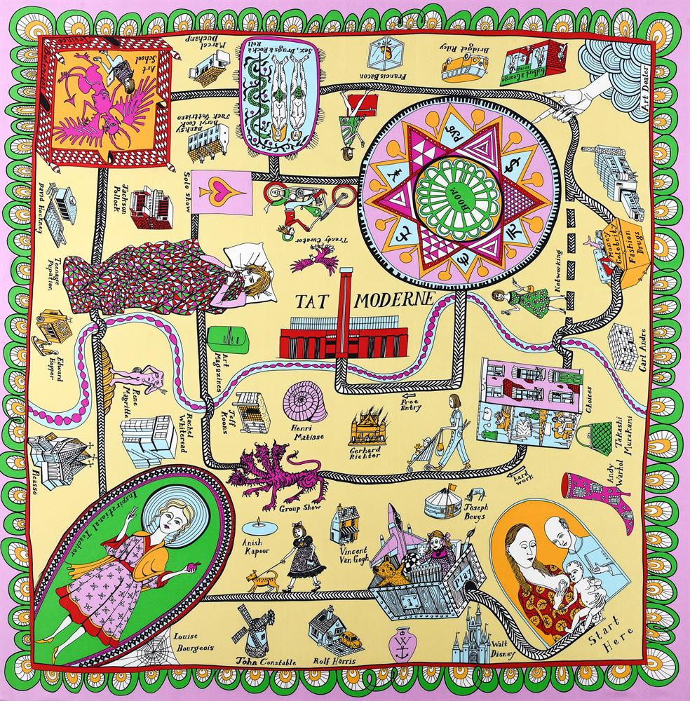 GRAYSON PERRY (BRITISH B.1960) SILK SCARF 'TAKE A TOUR THROUGH THE HISTORY OF MODERN ART', MODERN