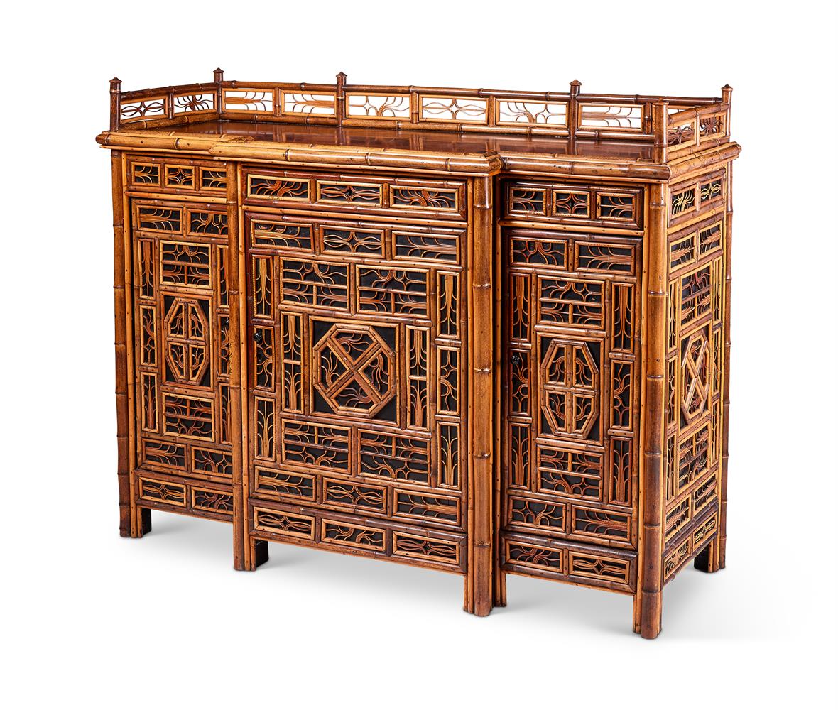 A BAMBOO, RATTAN, WALNUT AND PART EBONISED 'CHINOISERIE' BREAKFRONT SIDE CABINET - Image 2 of 5