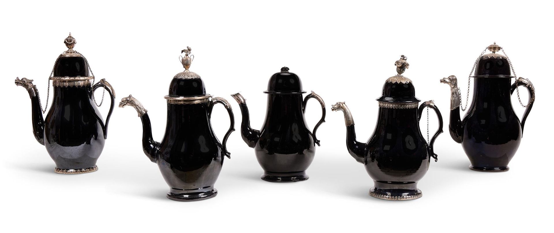 A GROUP OF FIVE LOW COUNTRIES BLACK GLAZED POTTERY, (TERRE DE NAMUR)