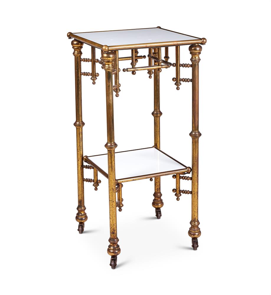 A GLASS TOPPED BRASS TWO TIER TABLE, PROBABLY FRENCH, CIRCA 1900