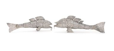 TWO SILVER COLOURED ARTICULATED MODELS OF FISH