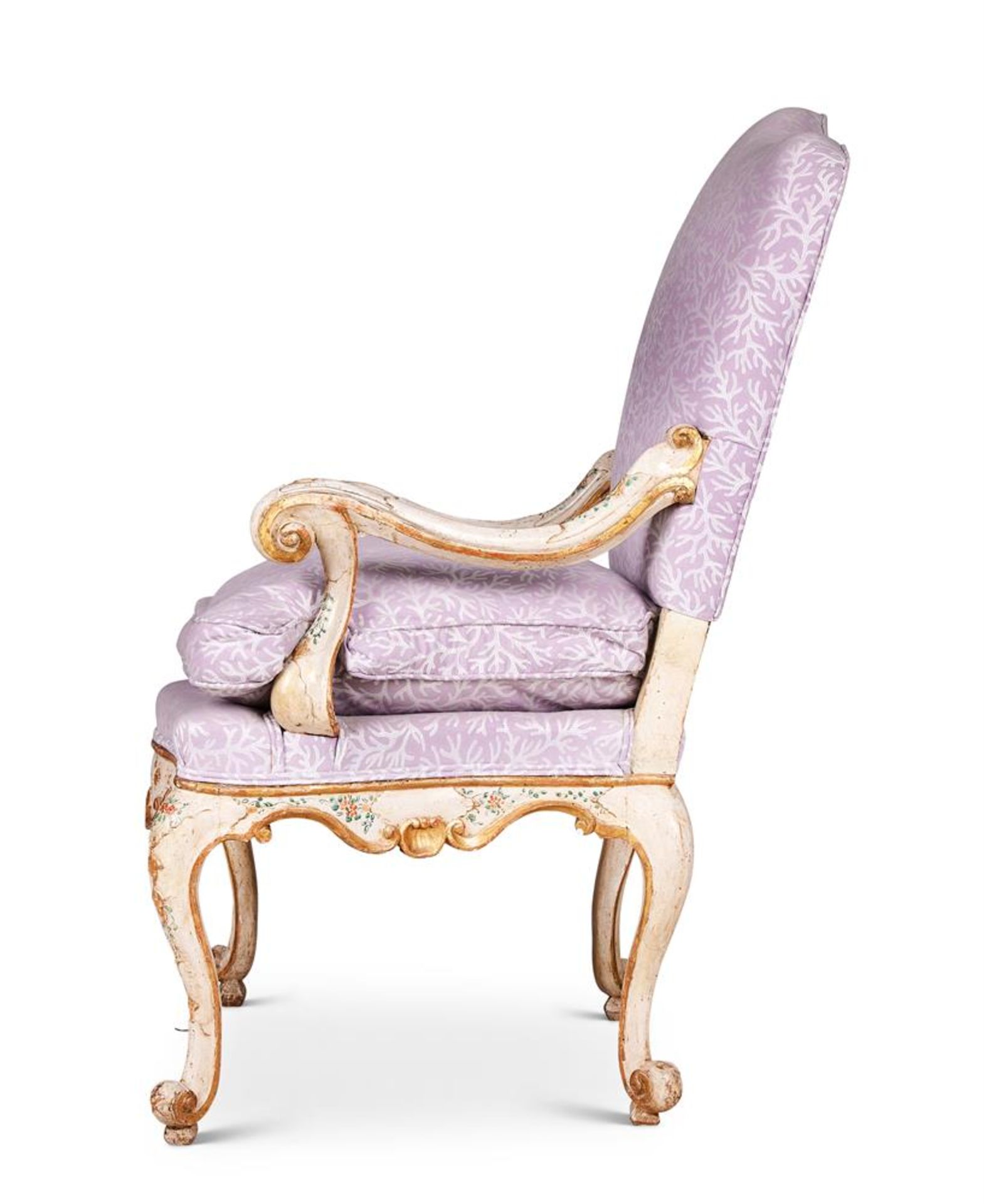 A SET OF FOUR ITALIAN CREAM, POLYCHROME AND GILT DECORATED OPEN ARMCHAIRS - Image 2 of 4