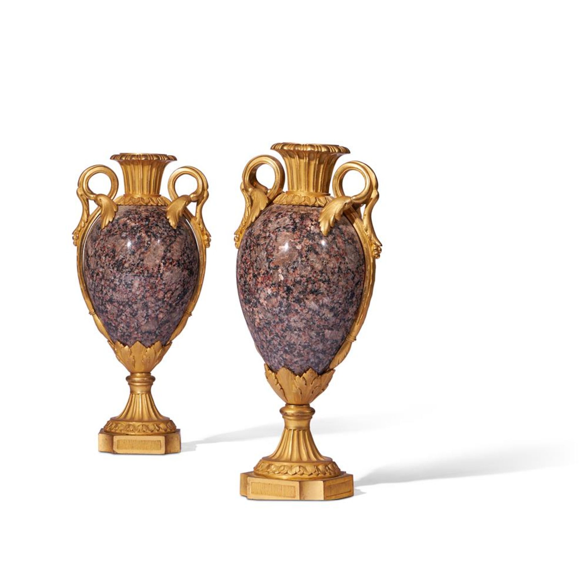 A PAIR OF GILT ORMOLU MOUNTED GRANITE VASES IN THE LOUIS XVI STYLE, FRENCH - Image 2 of 4