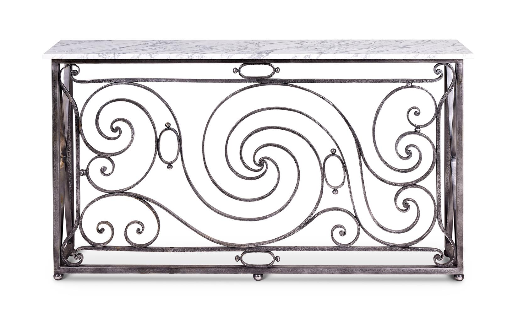 A MARBLE TOPPED IRONWORK CONSOLE TABLE LATE 20TH CENTURY