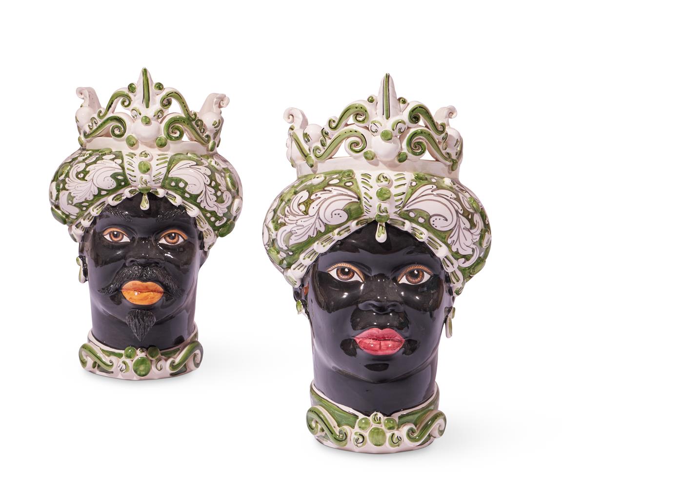 A PAIR OF VASES IN THE FORM OF MALE AND FEMALE MOORS HEADSSICILIAN