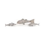 THREE WHITE METAL ARTICULATED FISH