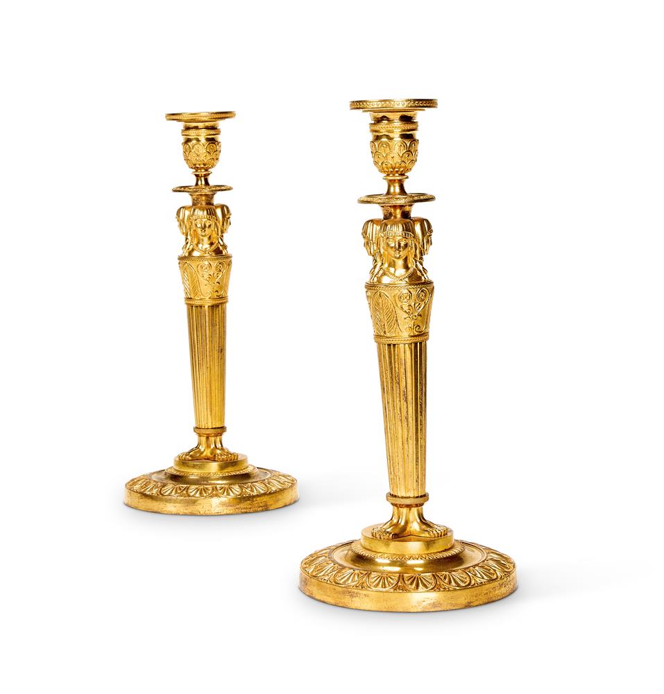 A VERY NEAR PAIR OF FRENCH GILT AND PATINATED BRONZE CANDLESTICKS AFTER GALLE AND PERCIER MID 19TH - Image 2 of 2