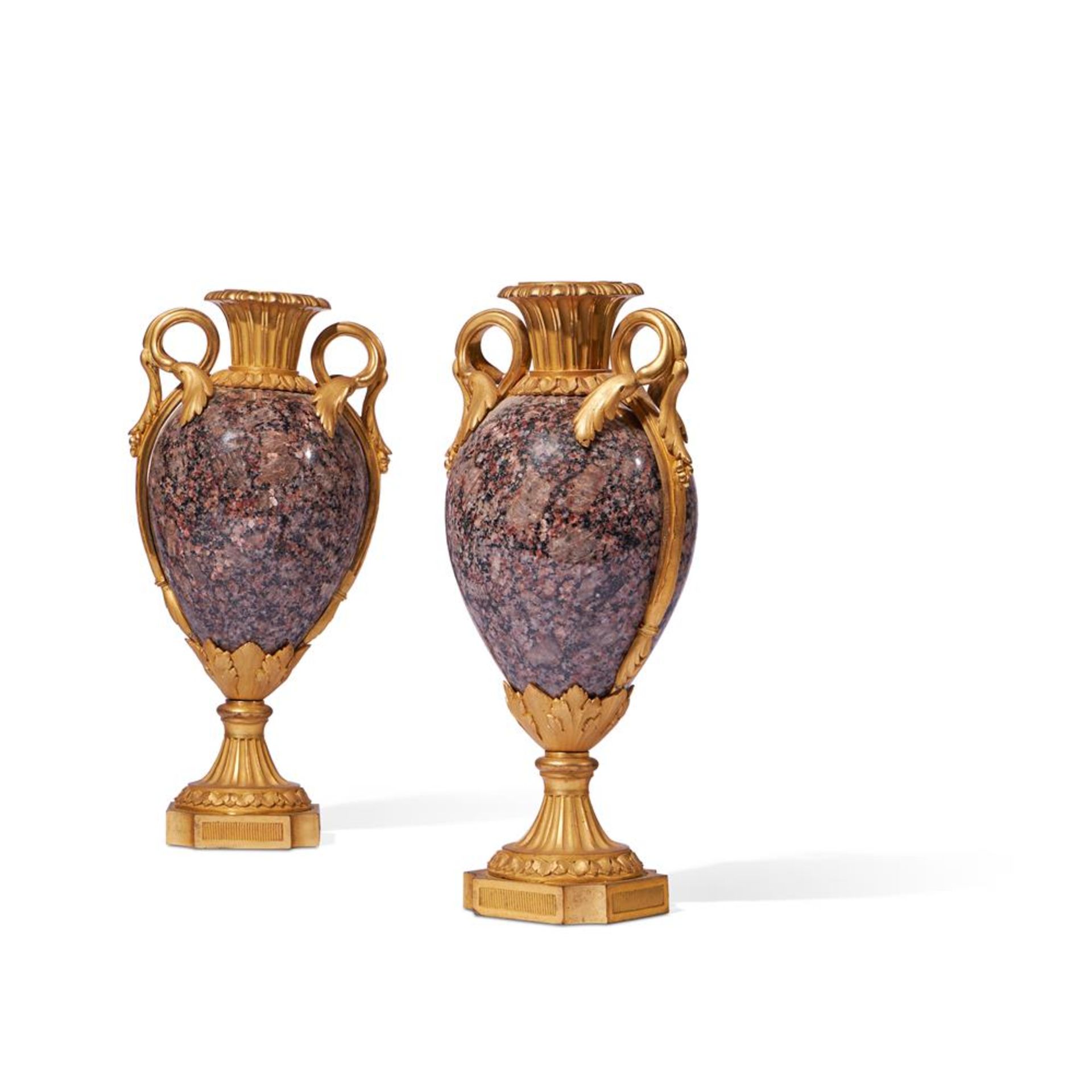 A PAIR OF GILT ORMOLU MOUNTED GRANITE VASES IN THE LOUIS XVI STYLE, FRENCH