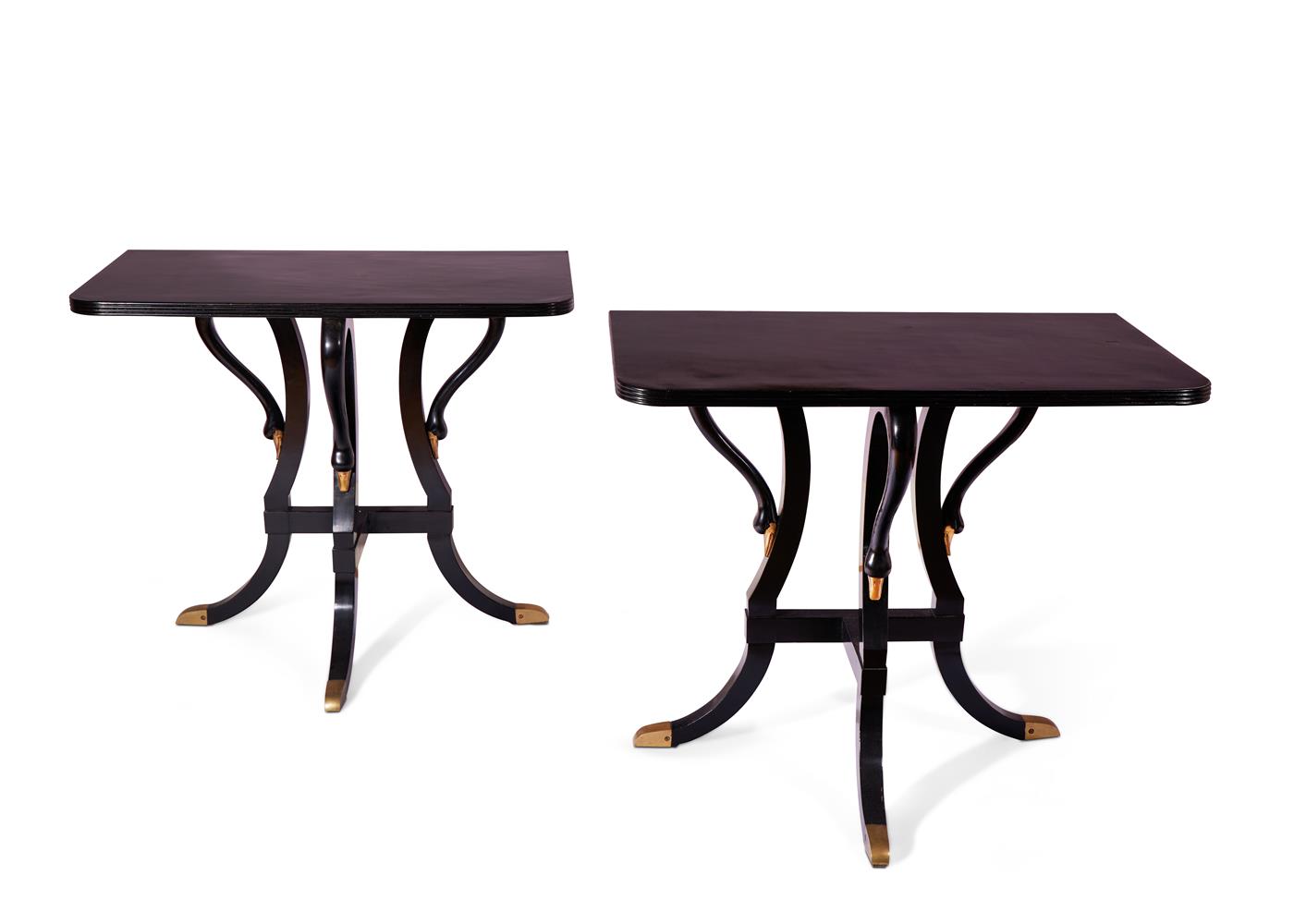 A PAIR OF BRONZE MOUNTED EBONISED CONSOLE TABLES ITALIAN, MID 20TH CENTURY