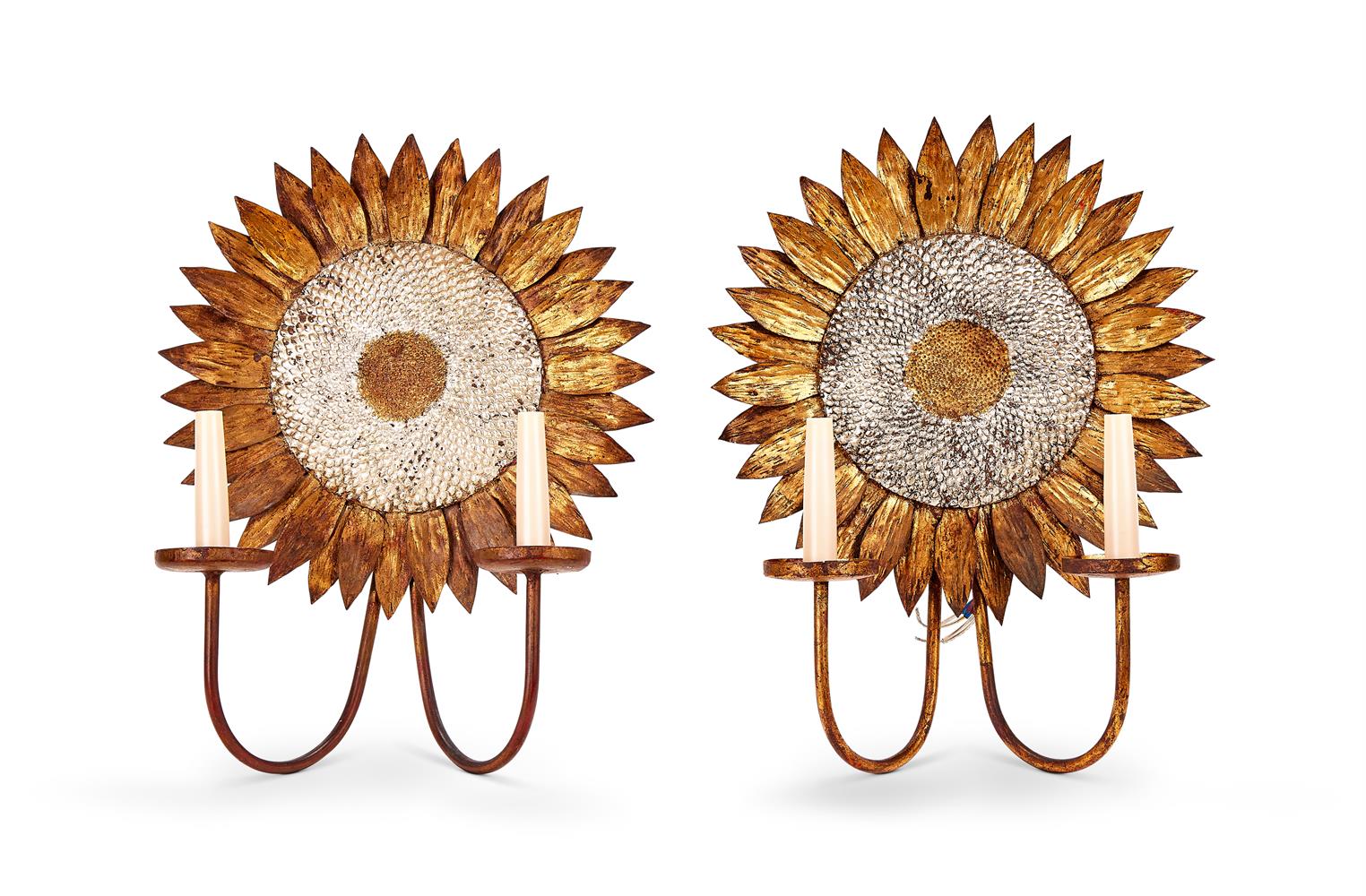 A PAIR OF SPANISH SILVER AND GILT DECORATED METAL TWIN BRANCH SUNFLOWER WALL LIGHTS, 1960s