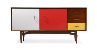 A WALNUT AND LACQUERED SIDEBOARD IN THE STYLE OF CHARLOTTE PERRIAND, LATE 20TH CENTURY