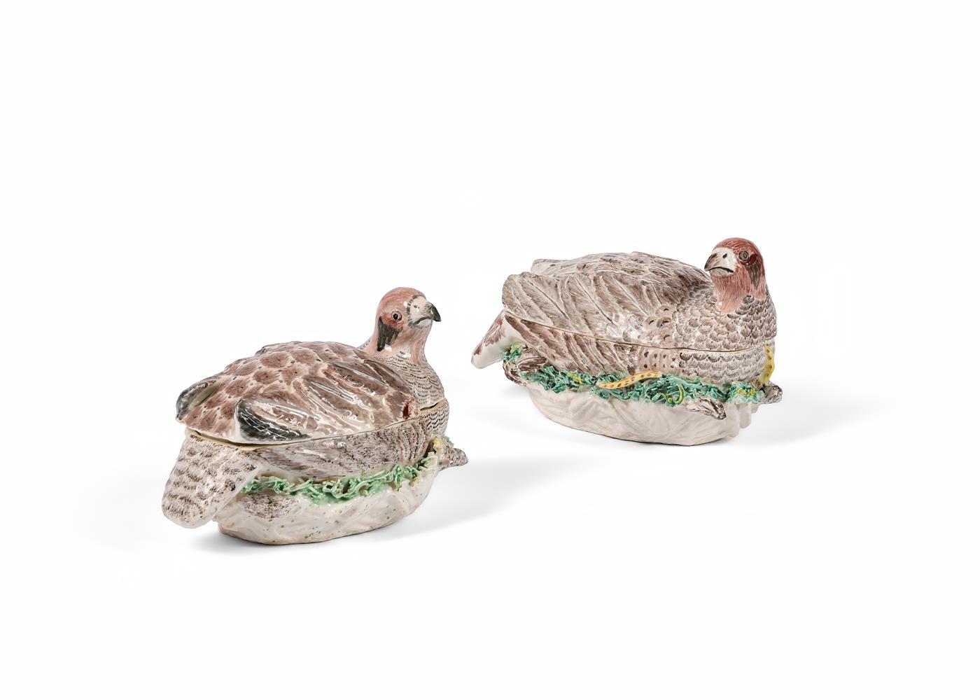 TWO SIMILAR DERBY PORCELAIN TUREENS AND COVERS NATURALISTICALLY MODELLED AS NESTING PARTRIDGES