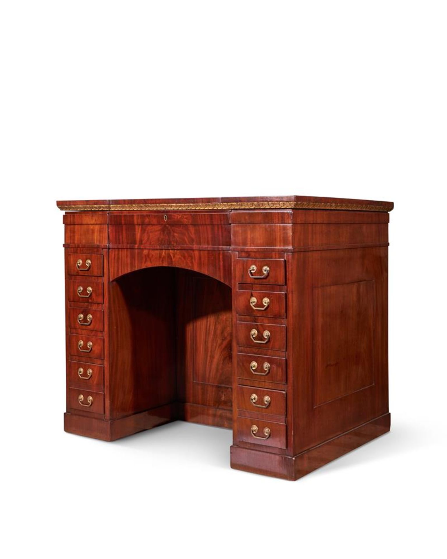 AN EMPIRE BRONZE MOUNTED, PARCEL GILT, AMBOYNA AND INLAID MAHOGANY DESK, CIRCA 1810 - Image 6 of 14