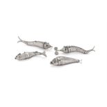 FOUR WHITE METAL ARTICULATED FISH