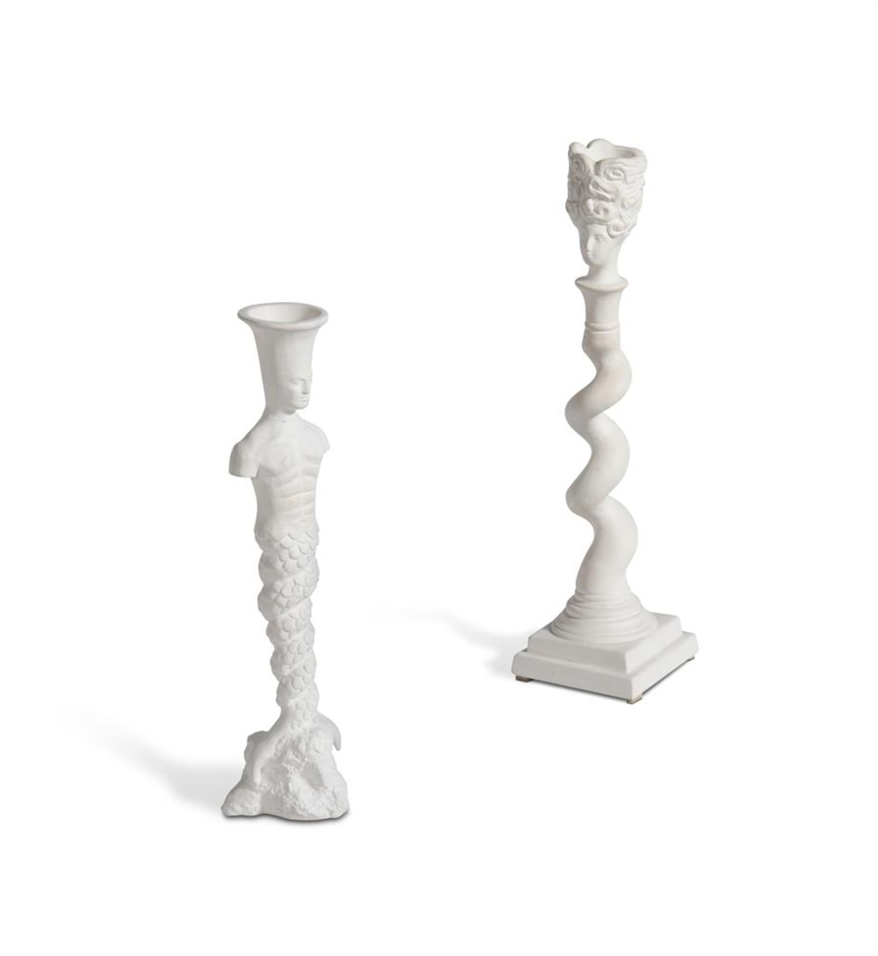 A PAIR OF MOULDED PLASTER FIGURAL CANDLESTICKS, MODERN