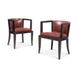 A PAIR OF ART DECO STAINED BEECH AND LEATHER OPEN ARMCHAIRS, CIRCA 1930