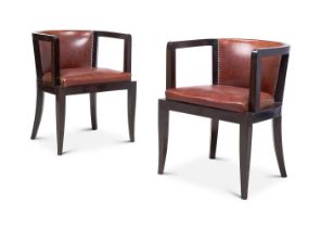 A PAIR OF ART DECO STAINED BEECH AND LEATHER OPEN ARMCHAIRS, CIRCA 1930