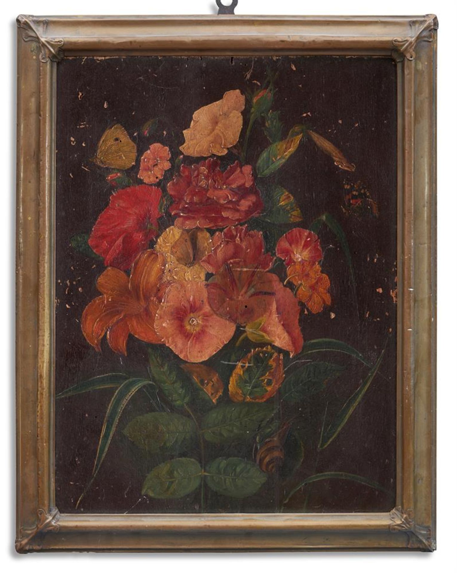 CONTINENTAL SCHOOL (19TH CENTURY), STILL LIFE OF FLOWERS WITH A BUTTERFLY AND SNAIL