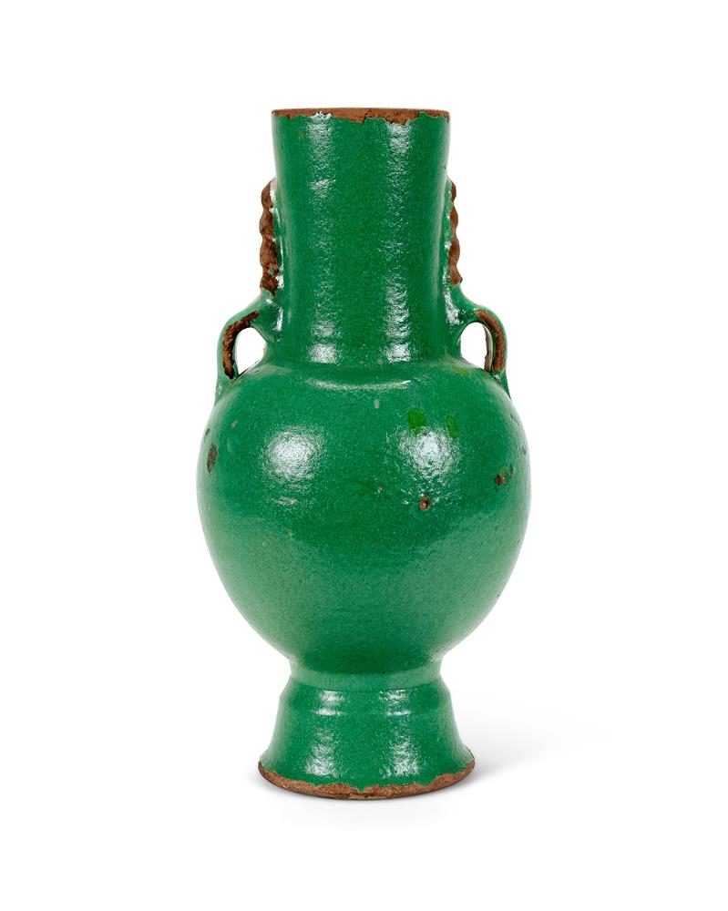 A GREEN AND WHITE GLAZED RED POTTERY TWO-HANDLED VASE SOUTHERN FRENCH OR MORROCAN, MODERN