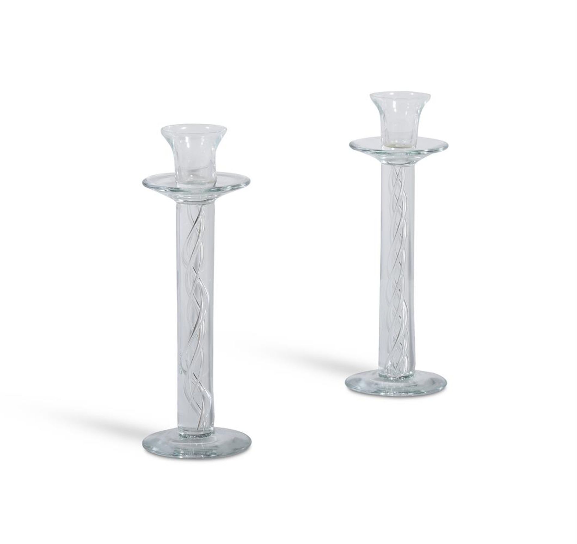 A PAIR OF CLEAR GLASS AIR TWIST STEMMED COLUMNAR CANDLESTICKS