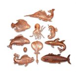A SHOAL OF TEN ITALIAN EMBOSSED COPPER FISHES AND SEA LIFE, VENICE, SECOND HALF OF THE 20TH CENTURY