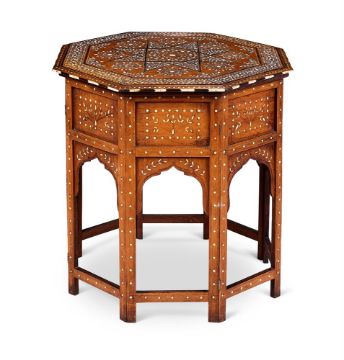 AN INDIAN CAMEL BONE AND IVORY INLAID OCTAGONAL TABLE HOSHIARPUR, CIRCA 1900