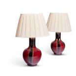 A PAIR OF RED AND BLACK GLAZED CERAMIC LAMPS, MODERN