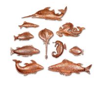 A SHOAL OF TEN ITALIAN EMBOSSED COPPER FISHES AND SEA LIFE VENICE, SECOND HALF OF THE 20TH CENTURY
