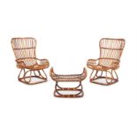 TWO BAMBOO AND RATTAN ARMCHAIRS AND A FOOTSTOOL, ATTRIBUTED TO BONACINA