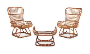 TWO BAMBOO AND RATTAN ARMCHAIRS AND A FOOTSTOOL, ATTRIBUTED TO BONACINA