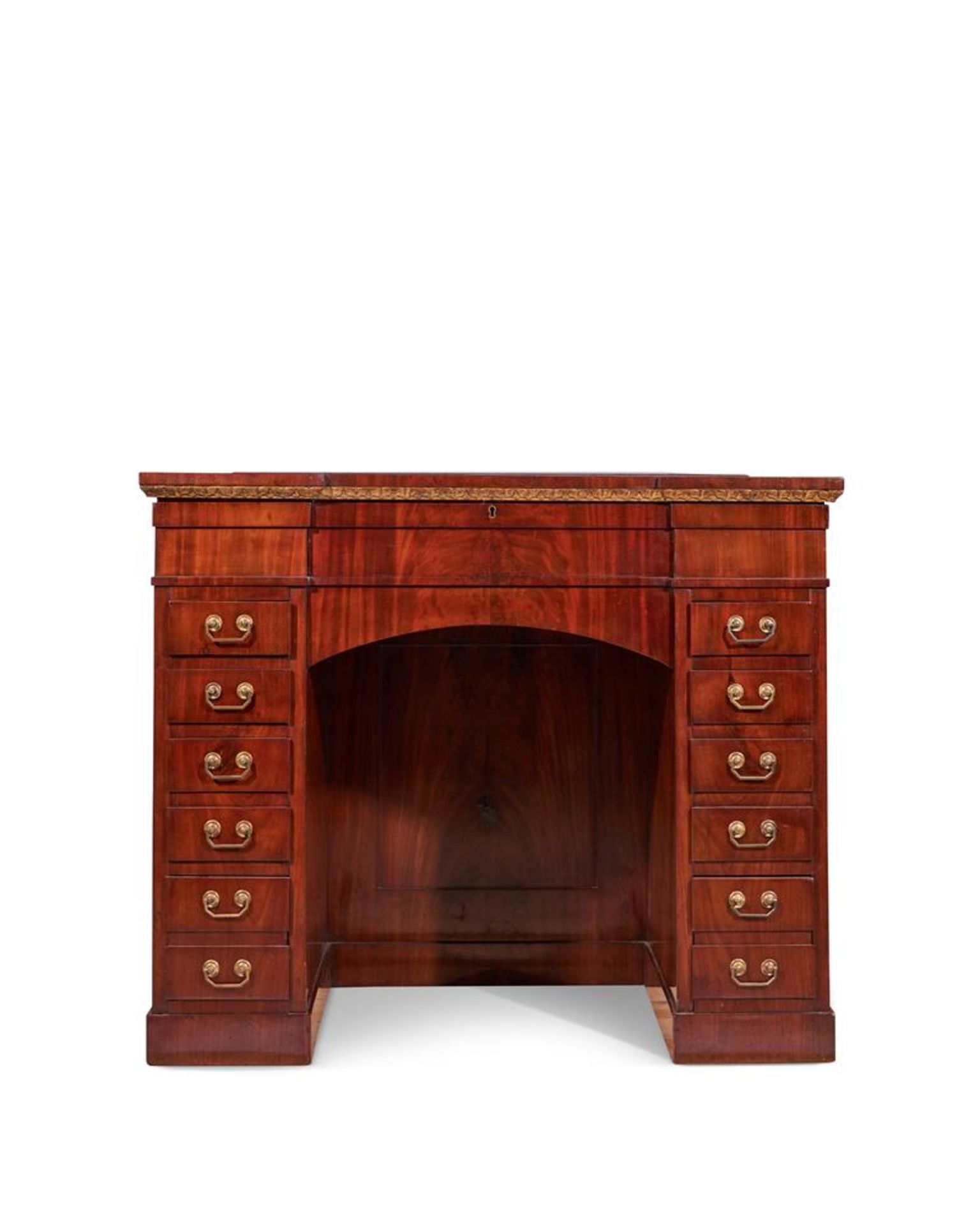 AN EMPIRE BRONZE MOUNTED, PARCEL GILT, AMBOYNA AND INLAID MAHOGANY DESK, CIRCA 1810 - Image 4 of 14