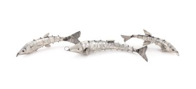THREE SIMILAR WHITE METAL ARTICULATED MODELS OF FISH, UNMARKED, 20TH CENTURY