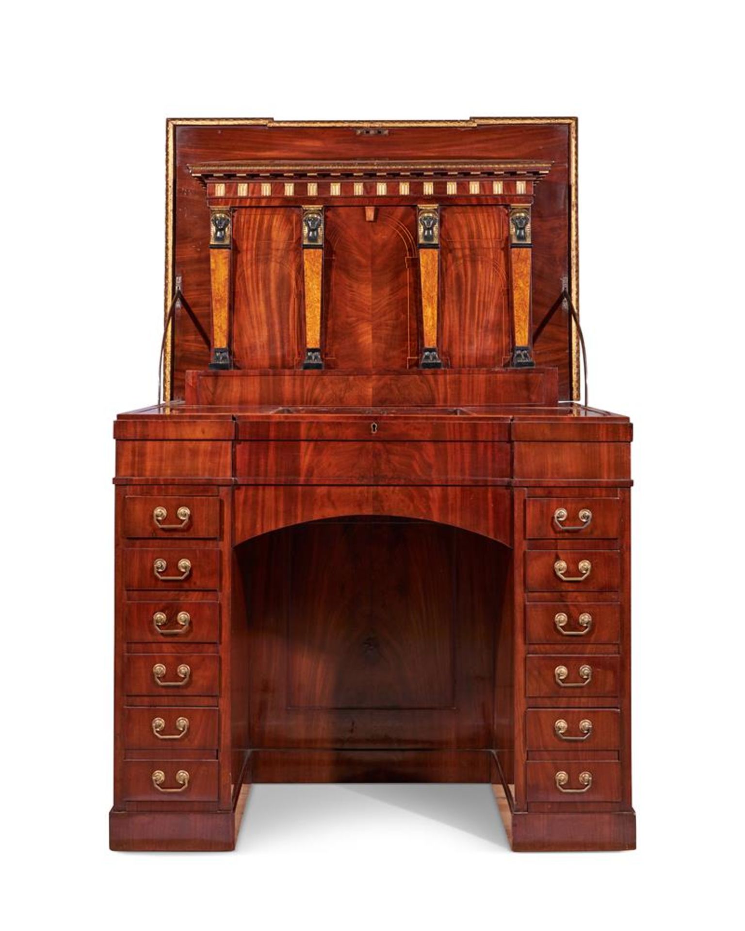 AN EMPIRE BRONZE MOUNTED, PARCEL GILT, AMBOYNA AND INLAID MAHOGANY DESK, CIRCA 1810 - Image 2 of 14