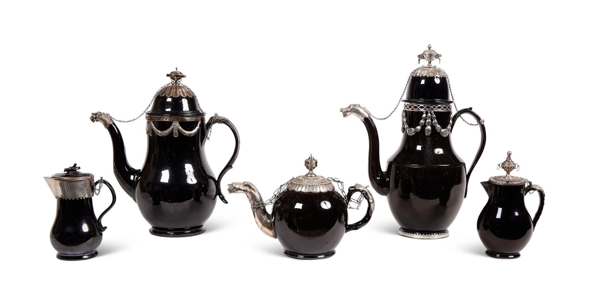 A GROUP OF LOW COUNTRIES BLACK GLAZED POTTERY, SILVER MOUNTED TEA AND COFFEE WARES (TERRE DE NAMUR)