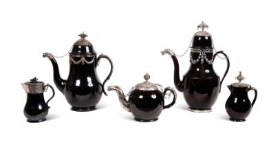 A GROUP OF LOW COUNTRIES BLACK GLAZED POTTERY, SILVER MOUNTED TEA AND COFFEE WARES (TERRE DE NAMUR)