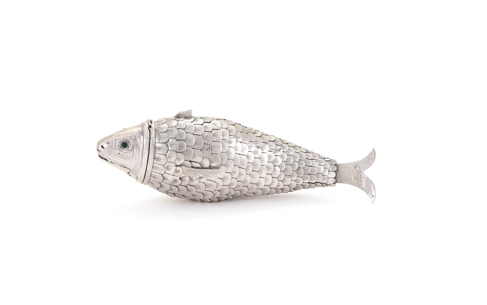 A SILVER ARTICULATED FISH BOX, SPONSOR'S MARK FOR I. S. GREENBERG & CO.