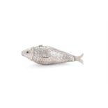 A SILVER ARTICULATED FISH BOX, SPONSOR'S MARK FOR I. S. GREENBERG & CO.