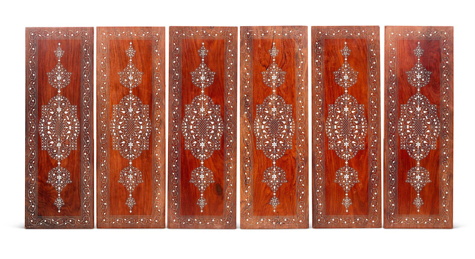 Y A SET OF SIX IVORY INLAID TEAK PANELS, POSSIBLY HOSHIARPUR