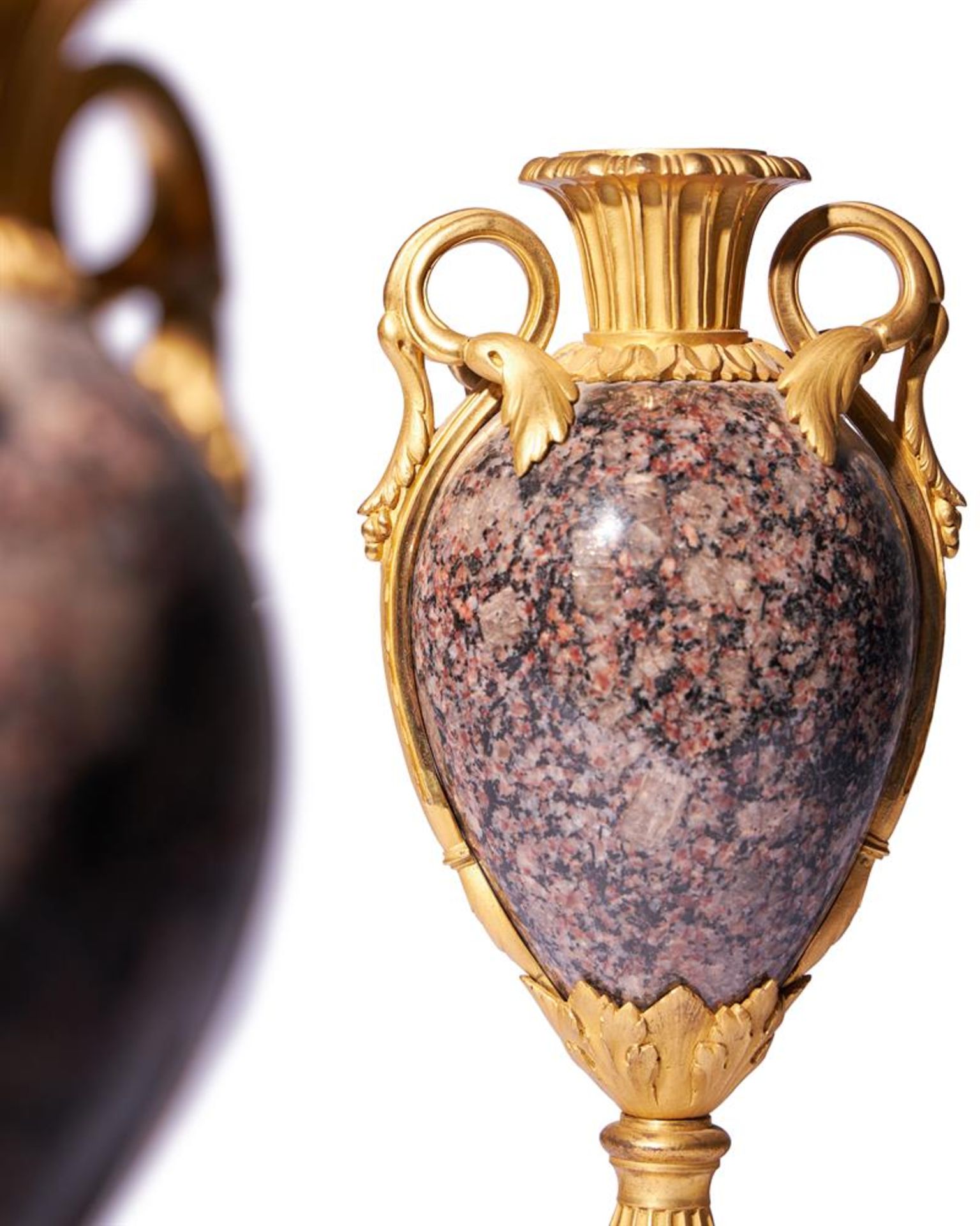 A PAIR OF GILT ORMOLU MOUNTED GRANITE VASES IN THE LOUIS XVI STYLE, FRENCH - Image 3 of 4